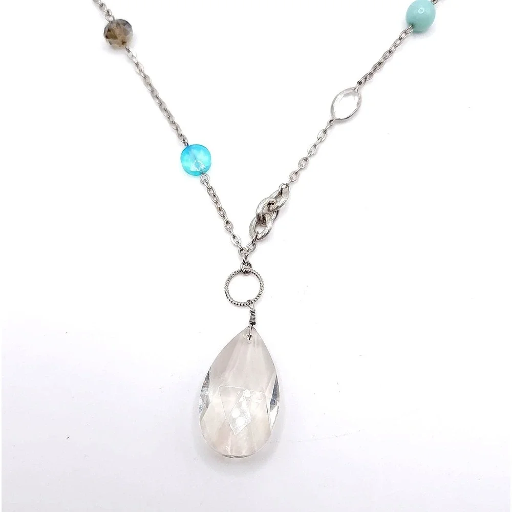 LOFT Aqua Teardrop Station‎ Necklace Silver Boho Long